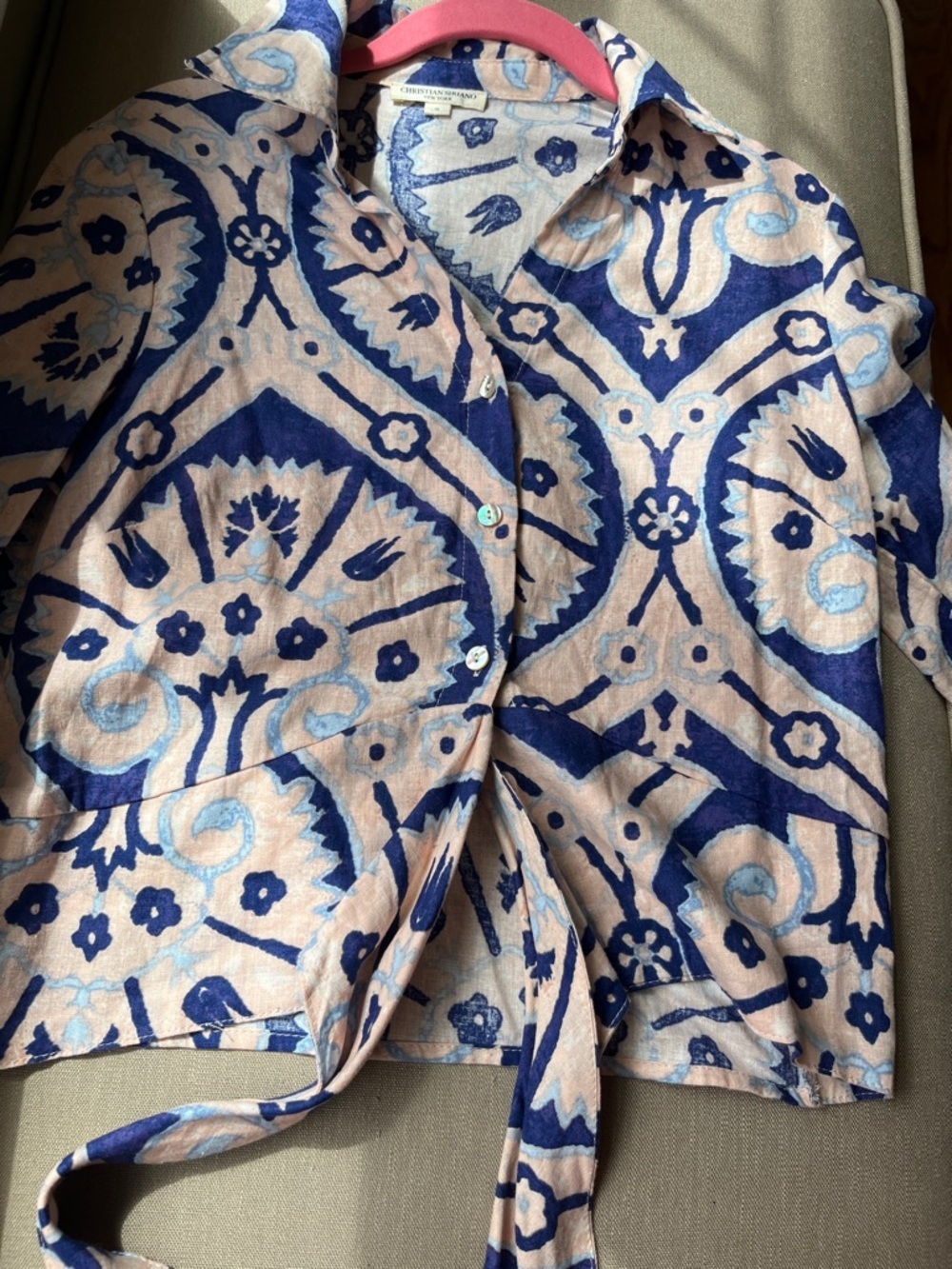 Blue and Blush Line Blend Tie-Front Long Sleeve Button Blouse - Picture 5 of 6